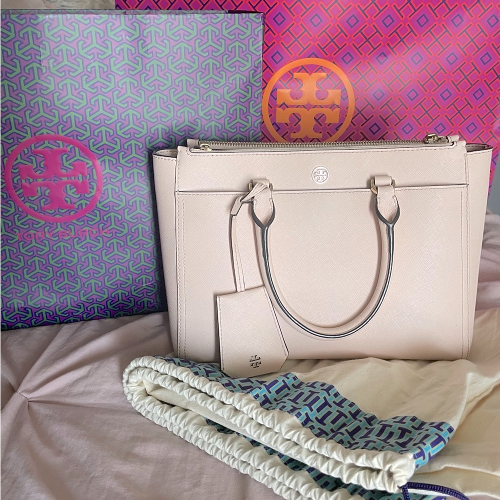 Tory Burch Blush Pink Leather Robinson Double Zip Tote Satchel Bag